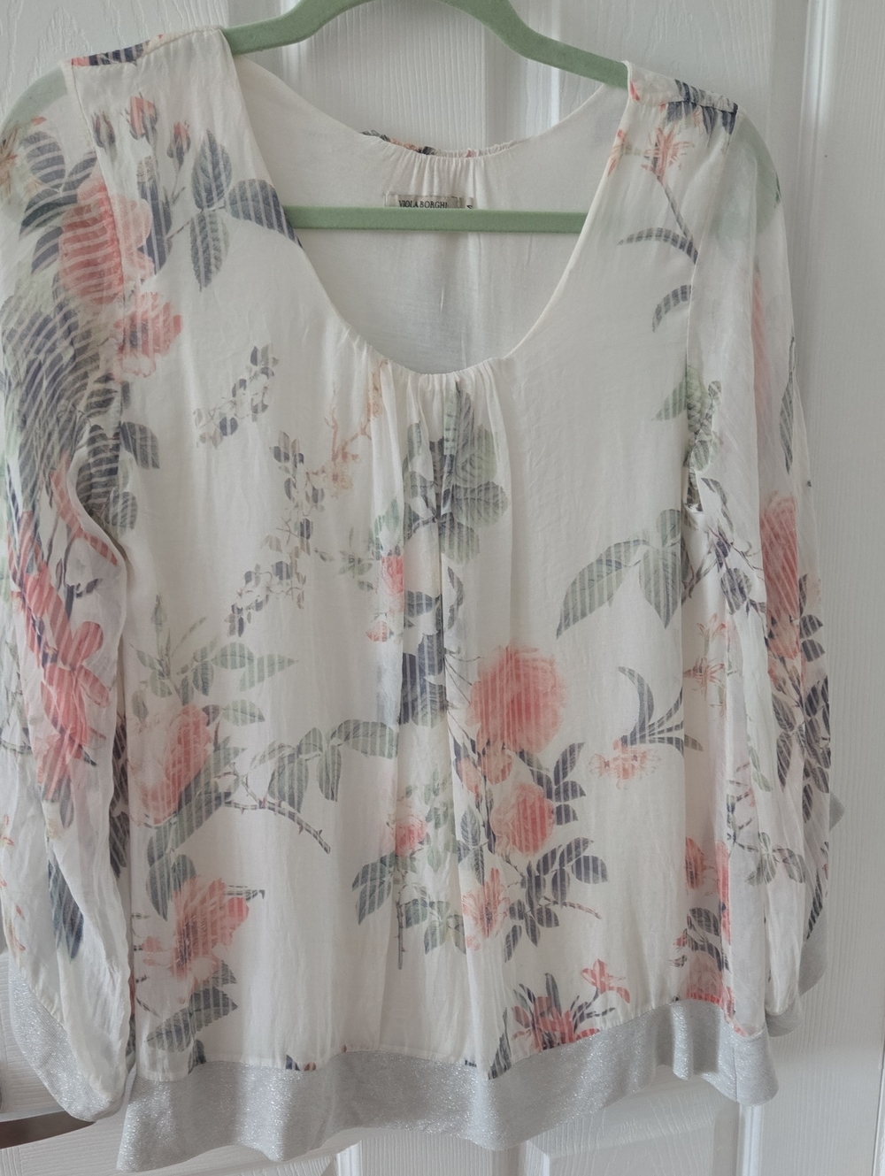 Lightweight Floral Scoop Neck Blouse - White with Pink & Gray Floral